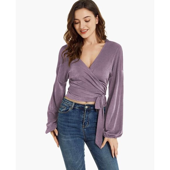 Purple Glitter Knit Tie Front Belted V-Neck Long Sleeve Bishop Wrap Sweater‎ Top - Picture 2 of 6